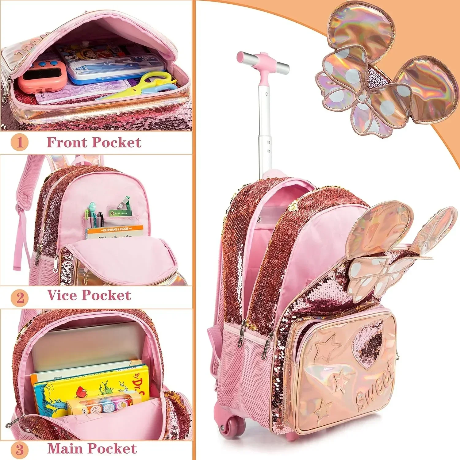 Dropshipping 16 Inch Cute Girl Children Primary School Backpack Girl with Wheels Rolling Bag Set with Lunch Bag Kids School Bags