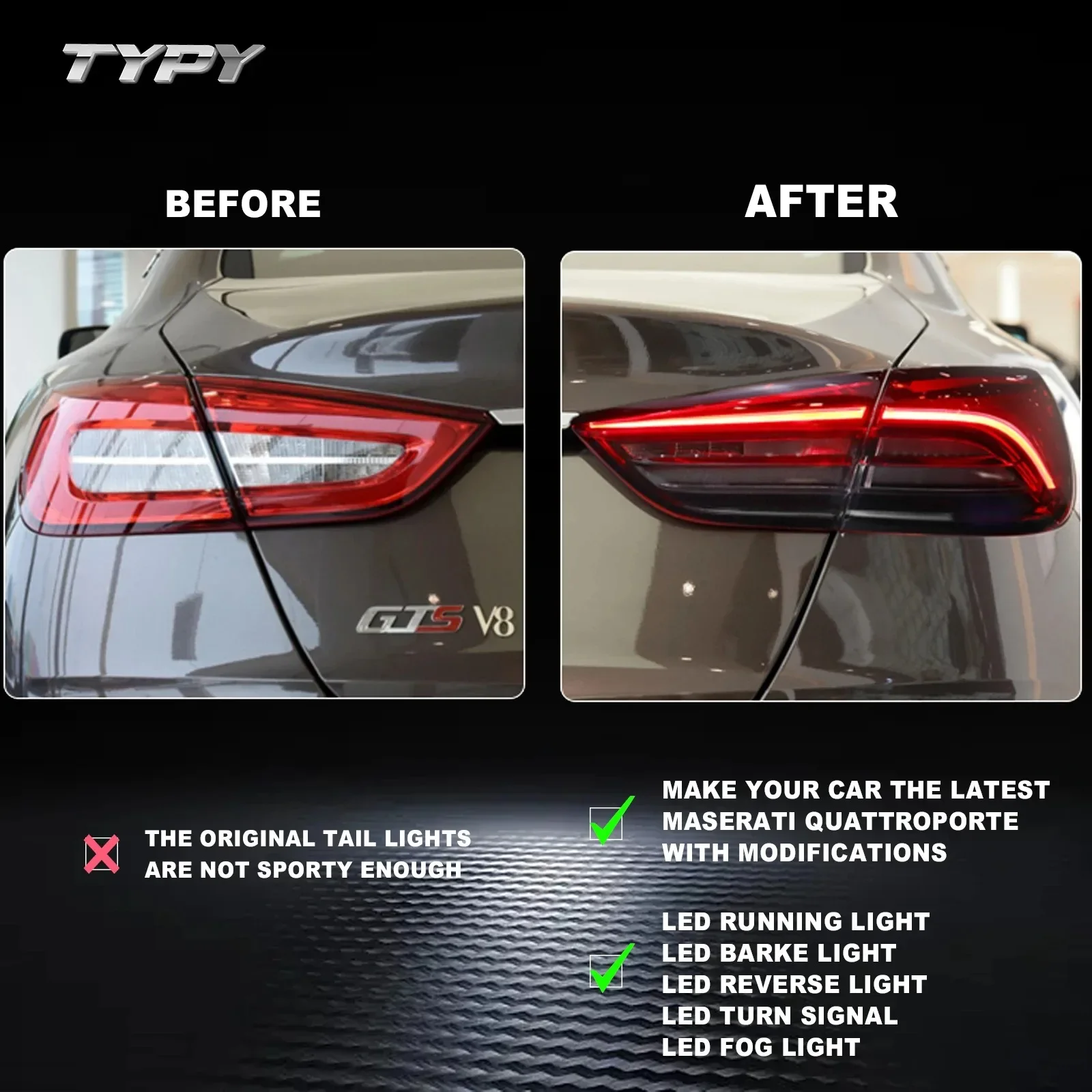 TYPY Upgrade LED Rear Taillights Assembly for Maserati Quattroporte 2013‑2021 Taillamp with Turn Signal  Brake Light Auto Replacement Accessories