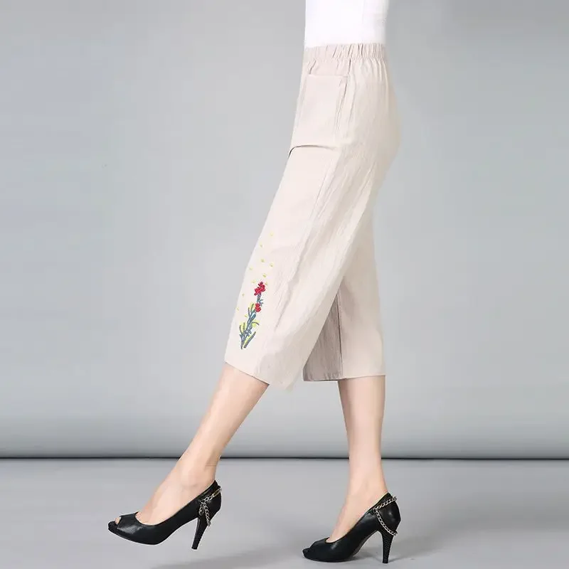 

2024 New Summer Minimalist Casual Loose Oversize High Waisted Embroidered Straight Cotton and Linen Cropped Pants for Women