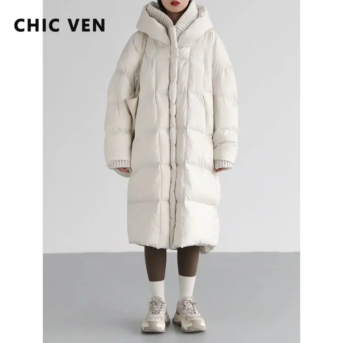 CHIC VEN Korean Women\'s Down Coats White Loose Hooded Long 90 White Duck Down Jacket Thick Warm Coats Parkas Autumn Winter 2022