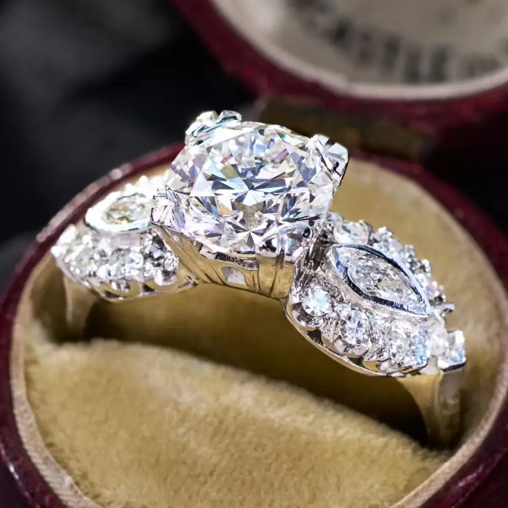 Vintage Art Deco Round Cut Engagement Ring for Women, Asymmetric Marquise Side Antique Bridal Wedding Statement Jewelry Gift