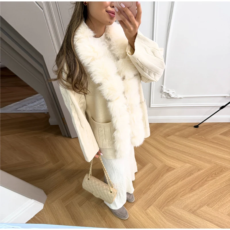 Cable Knit Cardigan with Faux Fur Collar — product details 26