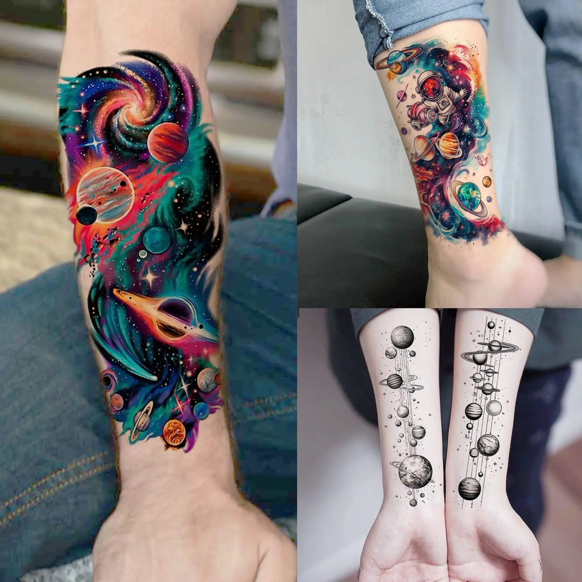 

1 Sheet Creative Watercolor Planets Temporary Tattoos For Men Women Adults Waterproof Realistic Fake Tattoo Sticker Long Lasting