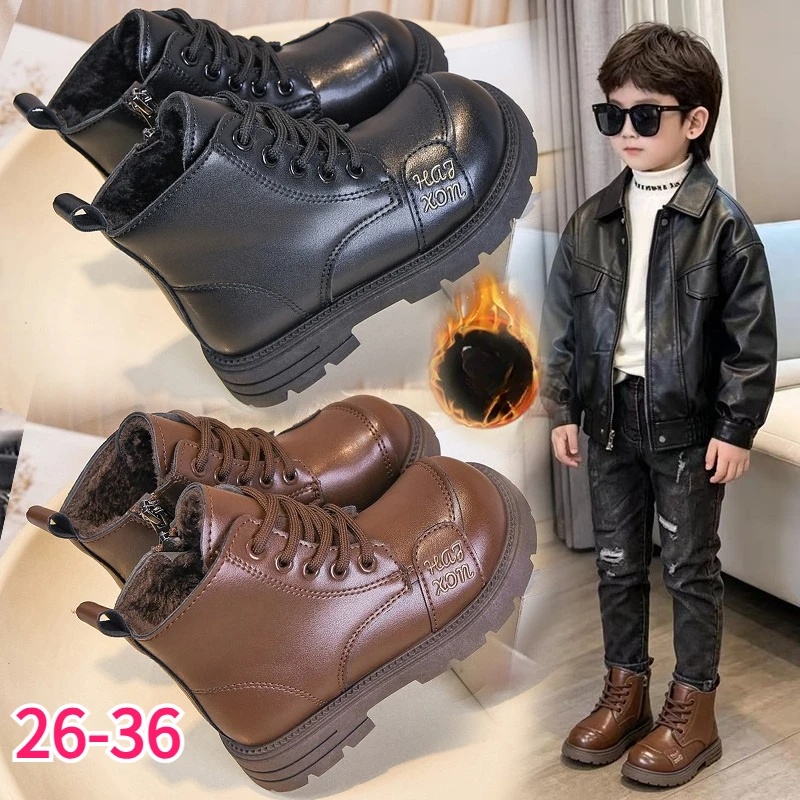 Boys Kids Winter Boots Heavy Warm Padding Girls Leather Shoes Kids Non-slip Snow Ankle Boots Footwear Toddler Children's Shoes