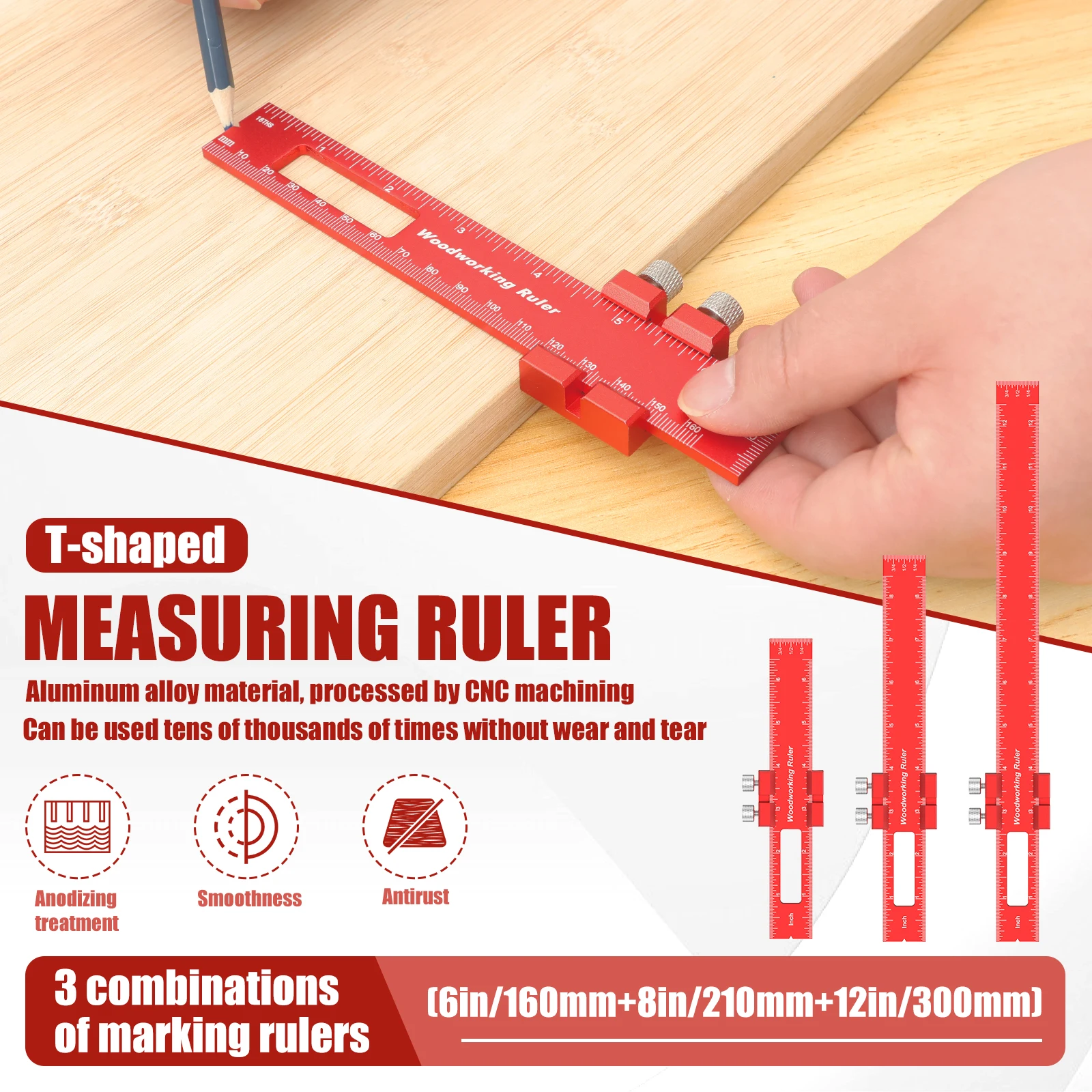 Precision Pocket Ruler T-Type Scribing Ruler Carpenty Square T Track Ruler Inch and Metric Measuring Marking Ruler W/ Slide Stop