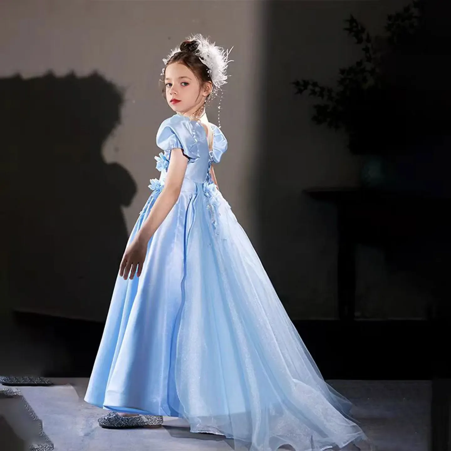 Custom Puff Sleeve Flower Girl Dress Wedding Party Gown Birthday Party Pageant Trailing Dress for Girlsفساتين اطفال