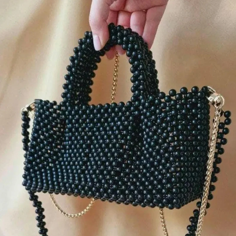 Double Chain Shoulder Strap Small Square Bag Fashion Bead Handmade Design Crossbody Women's Bags Customizable Color Handbag