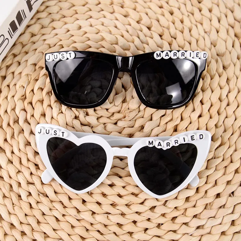 Just Married Sunglasses Black White Heart Shape Glasses Bridesmaid Gift for Wedding Bridal Shower Bachelorette Party Decoration