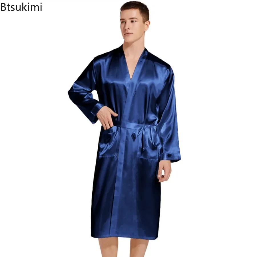 New 2025 Men\'s Long Robes Faux Silk Soft Home Bathrobe Plus Size Nightgown for Men Solid Loose Homewear Men Satin Pajamas Dress