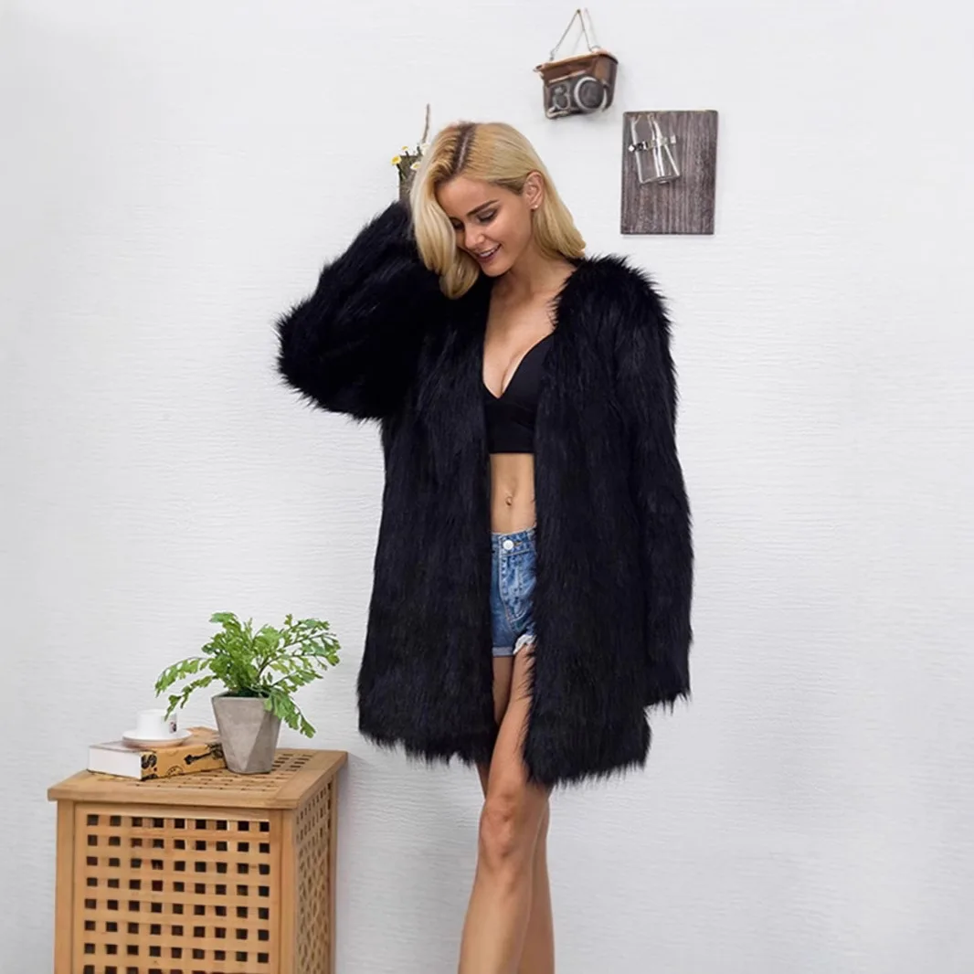 Утолщенная зимняя женская куртка из искусственного меха с круглым вырезом и открытой строчкой, женская пальто из эко-лисьего меха, шикарное пушистое пальто из искусственного меха для женщин