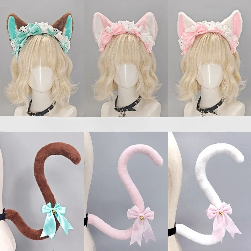 

Lolita Lovely Cat Ears Headband Plush Tail Set Fursuit Cosplay Costume Props Kawaii Animal Halloween Party Cos Accessories
