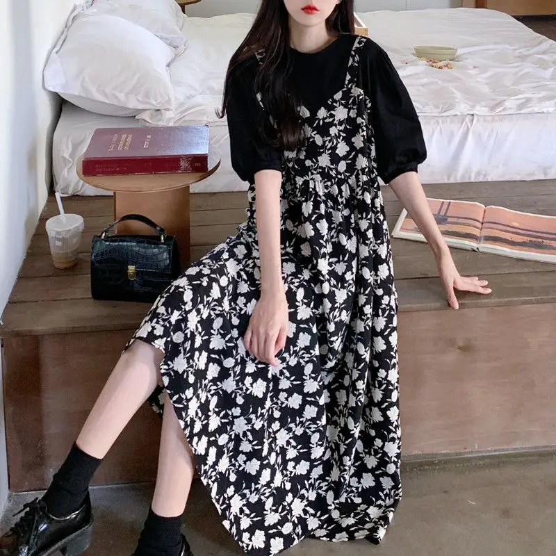 Summer Women's Clothing Pullover Round Neck Short Sleeves Plant&Flowers Printing Patchwork Office Lady Knee Skirts Dresses