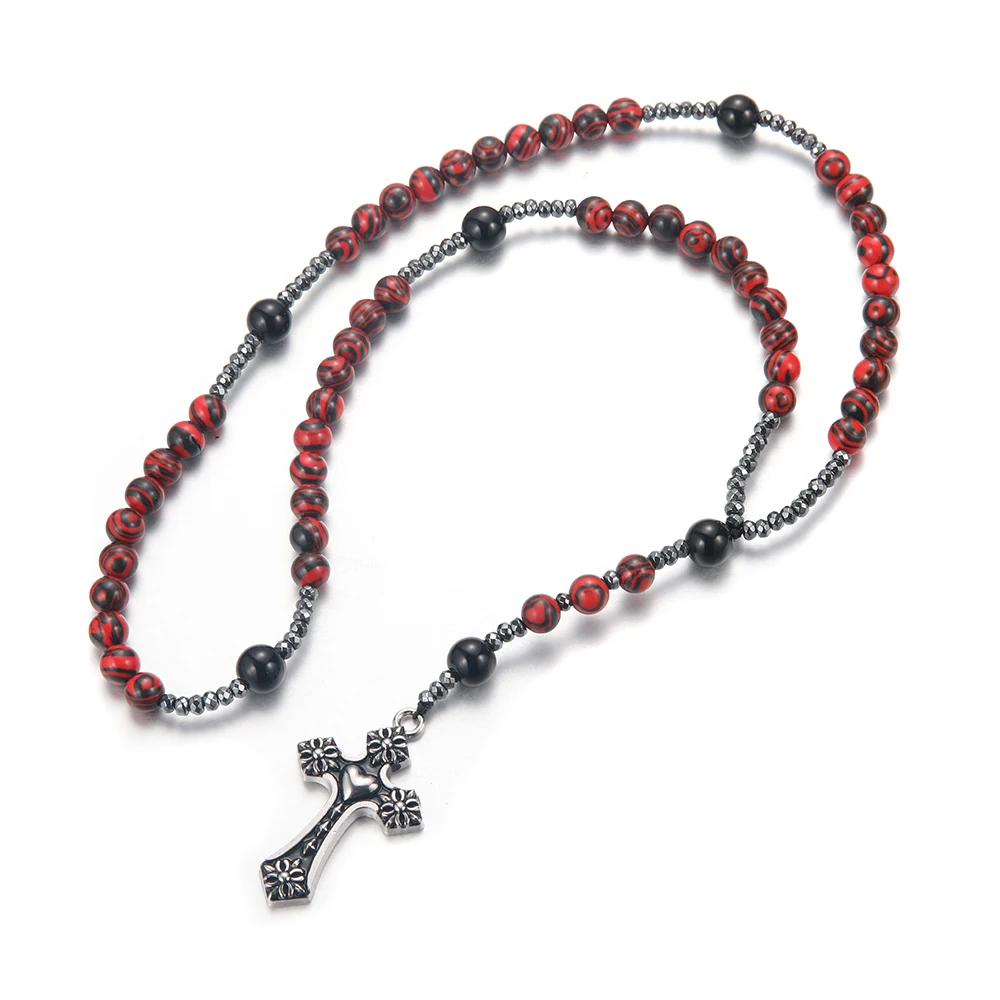 8mm Red Stone Beaded Necklace with Cross Pendant for Men and Women