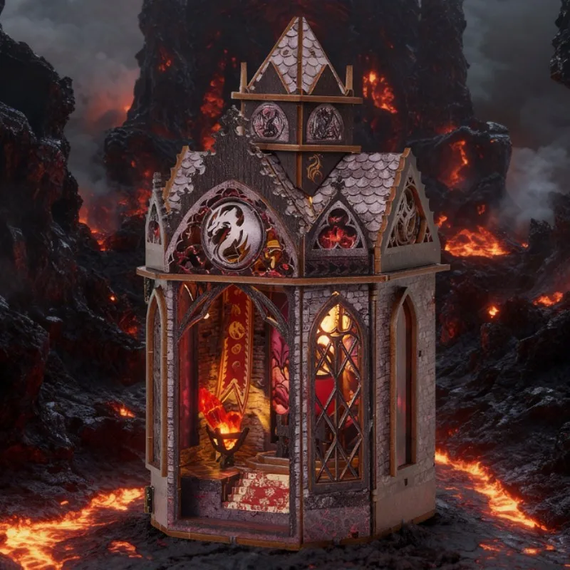 OUZEY ゴシック建築ブックヌック、ドラゴン尖塔DIY木製模型キット、LEDライト付き中世風本棚デコレーション