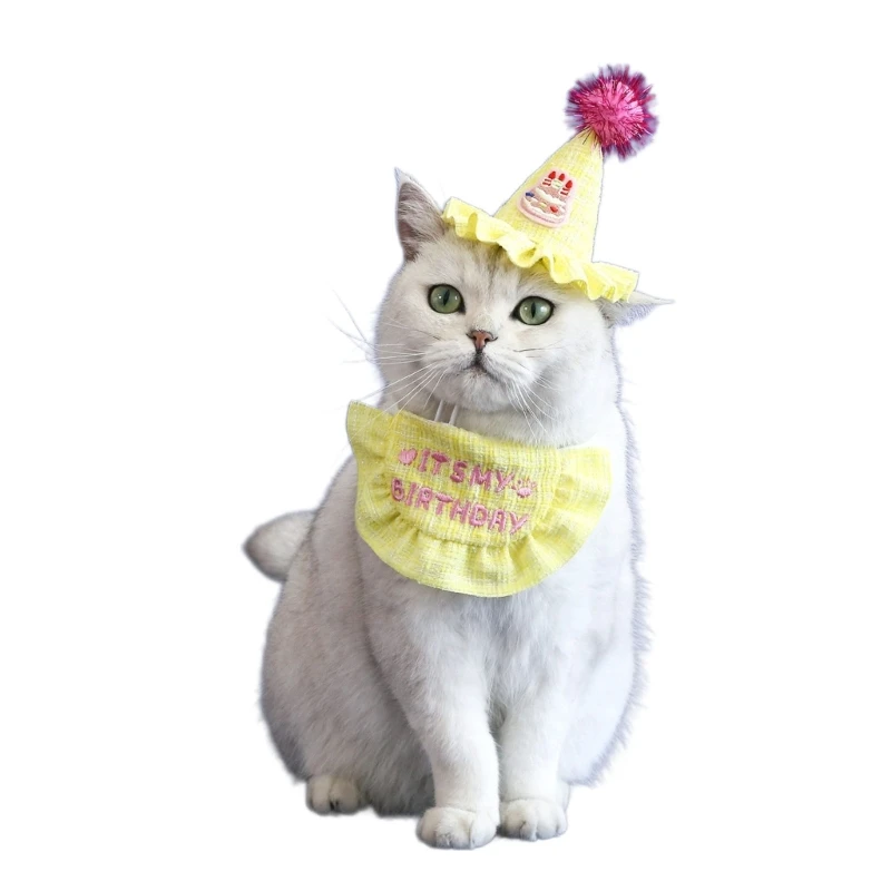 Pack of 2 Dogs Cats Birthday Hat with Embroidery Letter Bib Practical Dogs Masquerades Colorful Hat&Bib for Carnivals