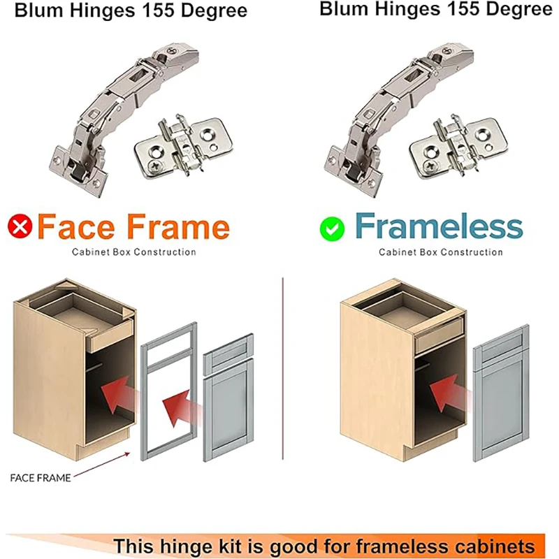 155 도 소프트 클로즈 캐비닛 경첩, 부드러운 클로즈 문짝 프레임리스 경첩, 캐비닛 범퍼 및 나사 포함, 레이지 수잔 코너
