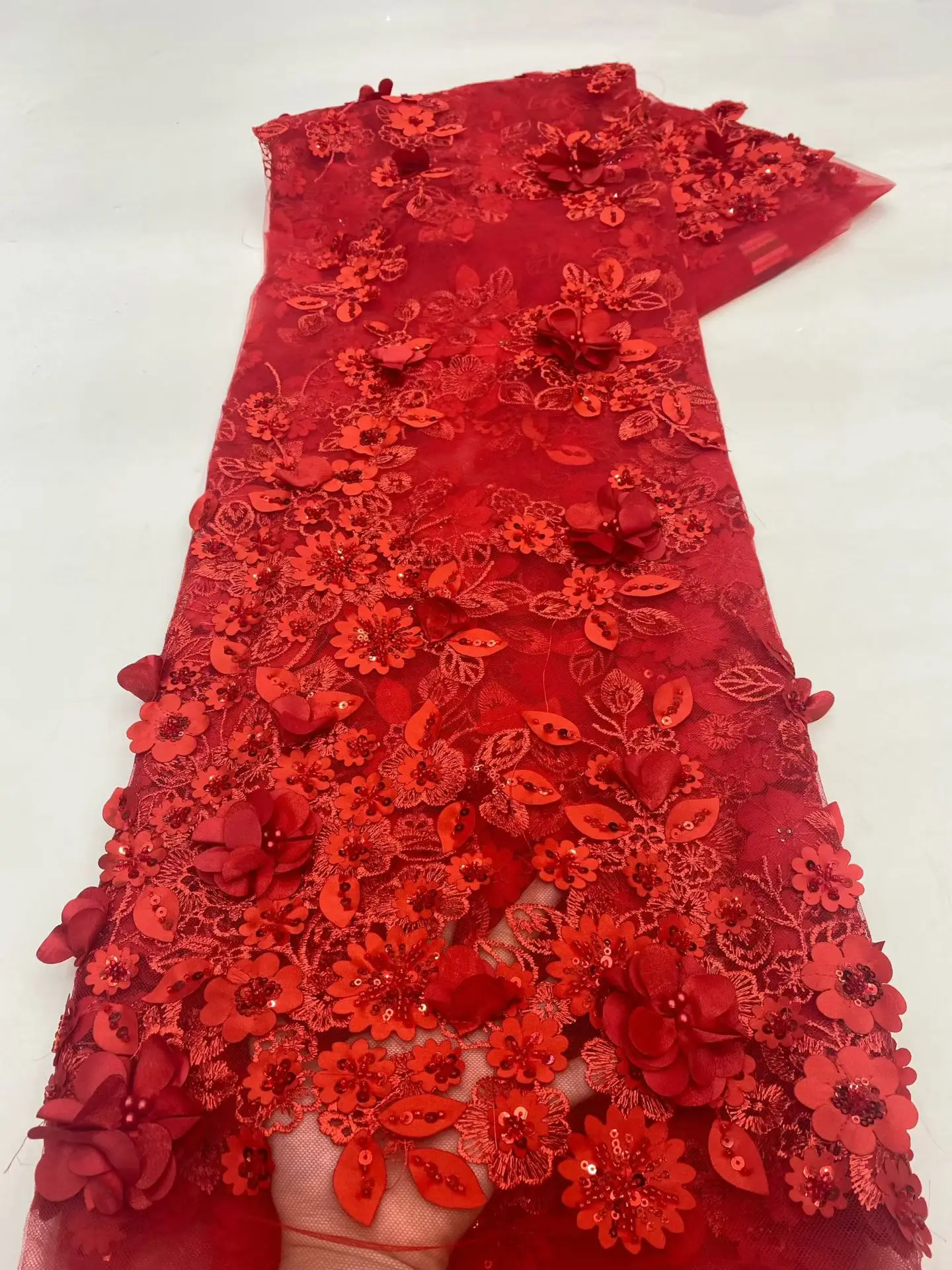 African 3D Flower Lace Fabric 2026 High Quality French Mesh Beaded Lace Fabric Nigerian Sequins Lace Fabrics For Wedding Dress view 5