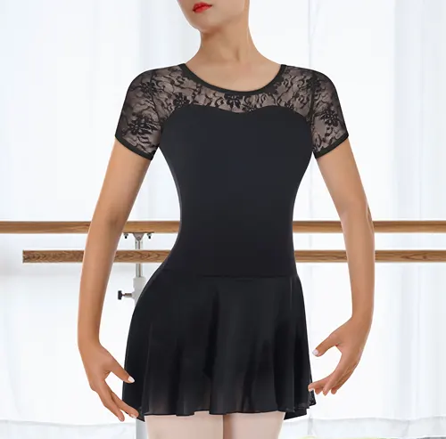 Imagen 2 del producto Leotardo de baile de cuello alto para mujer con falda Vestido de ballet de manga corta de encaje para adultos