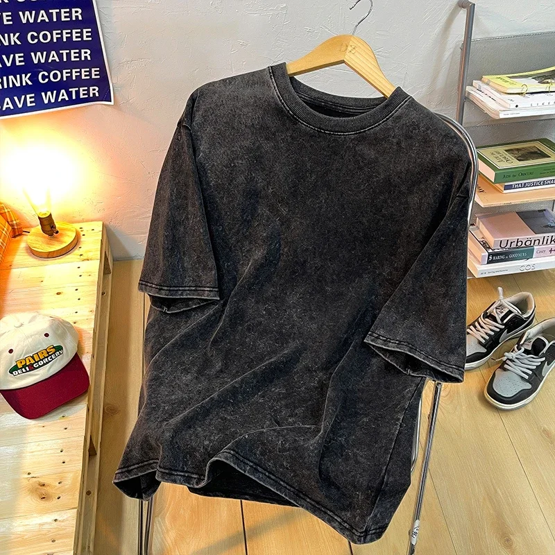 American Style Retro Heavyweight Solid Color Short Sleeved T-shirt Men Women Summer Street Trendy Washed Old Oversized Clothes image 6