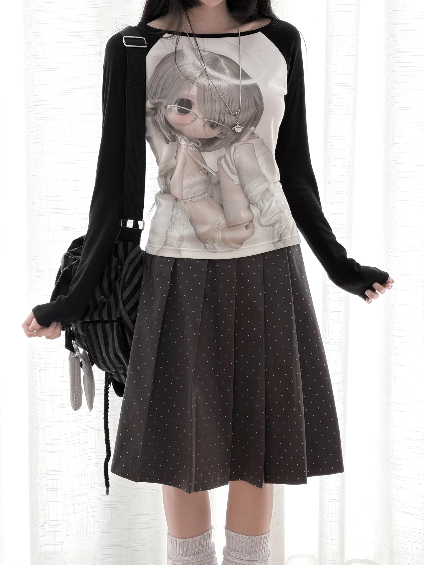 

Kyoukobaby Long Sleeve T-Shirt Women's Doll Print BJD Black White Basic Shoulder Insert Design Cleanfit Standard Fabric
