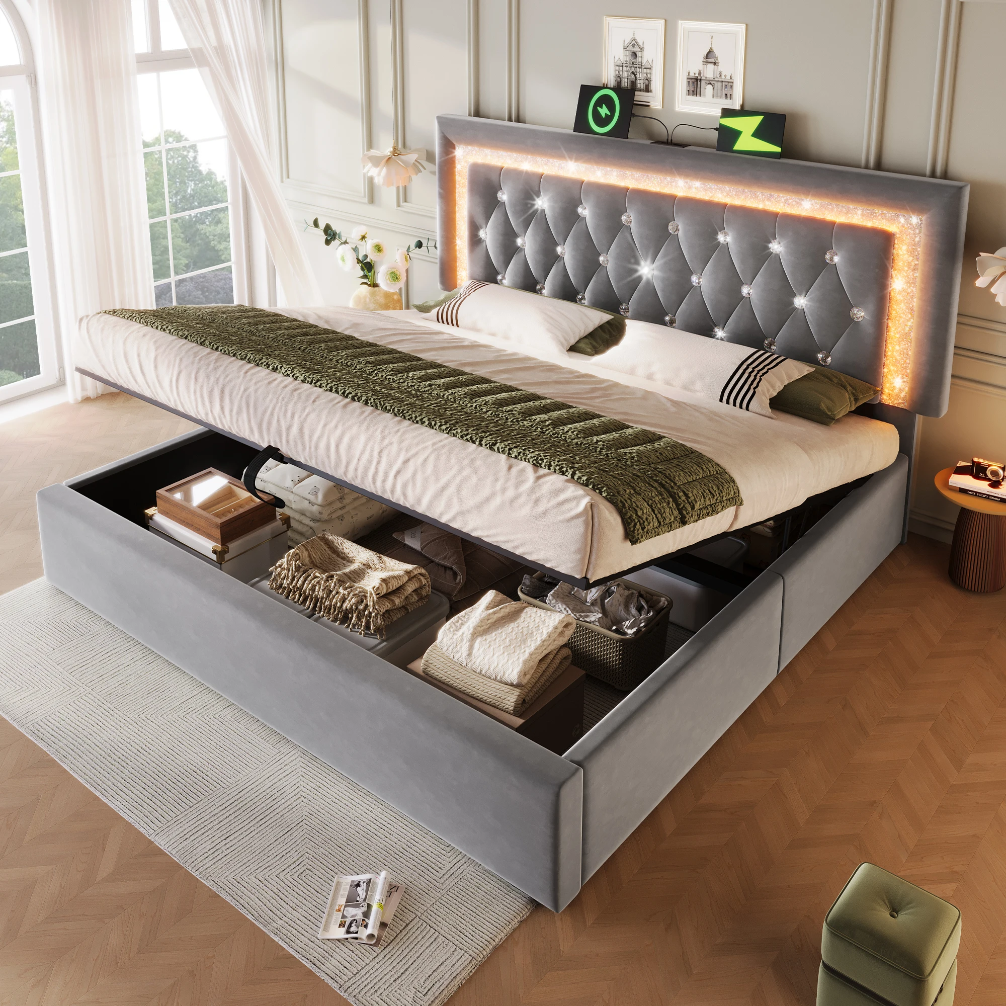Okwish Upholstered BED 160x200 with LED Light Tires and USB Socket, Cot BED