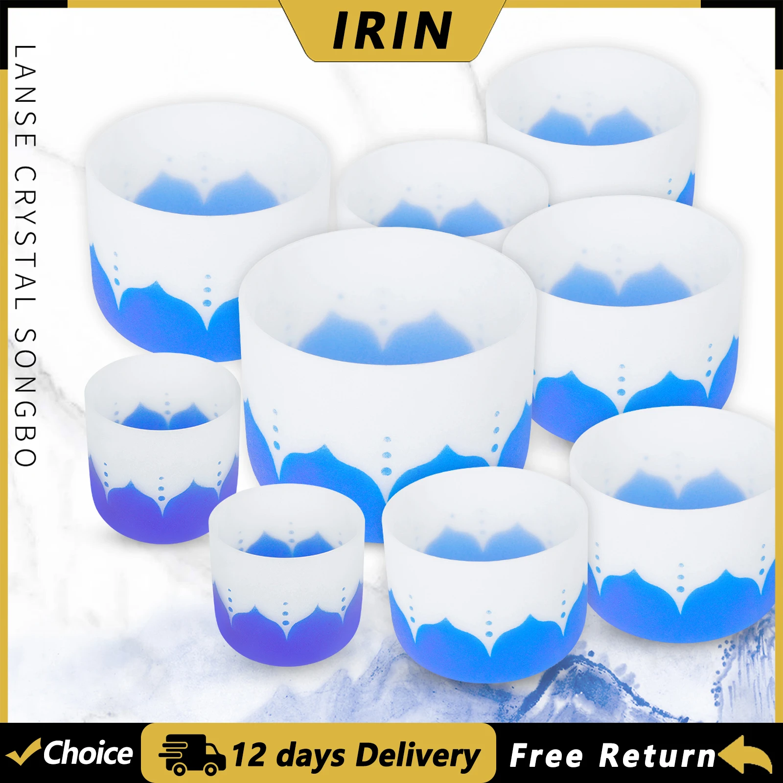 IRIN Singing Bowl 6-14 Inch A/B/C/D/E/F Key Music Bowl Blue Lotus Crystal Bowl Percussion Instrument with Sheepskin Stick
