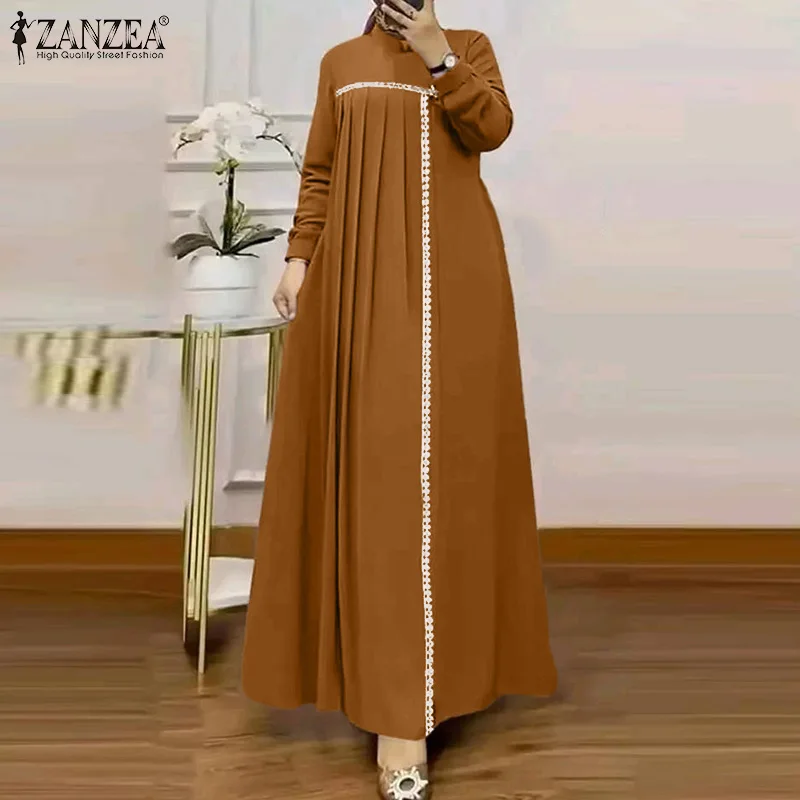 فساتين ZANZEA لخريف 2025 مُزينة بالدانتيل فستان عباية إسلامية للنساء أنيق بأكمام طويلة فستان صيفي مطوي رداء إسلامي