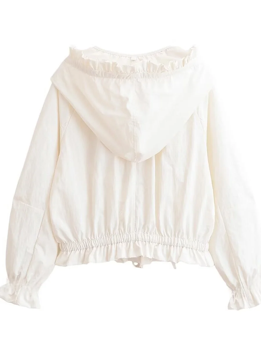 Sweet Hooded Zipper Pleated Layered Decorative Bloom Short Jacket Loose Gentle Wind Coat for Women European Style Long Sleeve