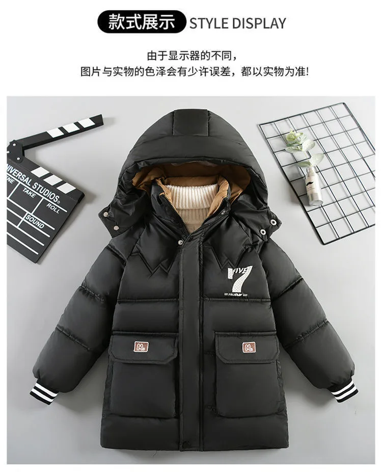 30 ℃ 2025, Winter-Jacke für Teenager und Jungen, Plüsch, dick, Kälteprävention, Briefdruck, mit Kapuze, Daunen-Baumwolle, Outdoor-Jacken für 4–11 Jahre – Detail 2