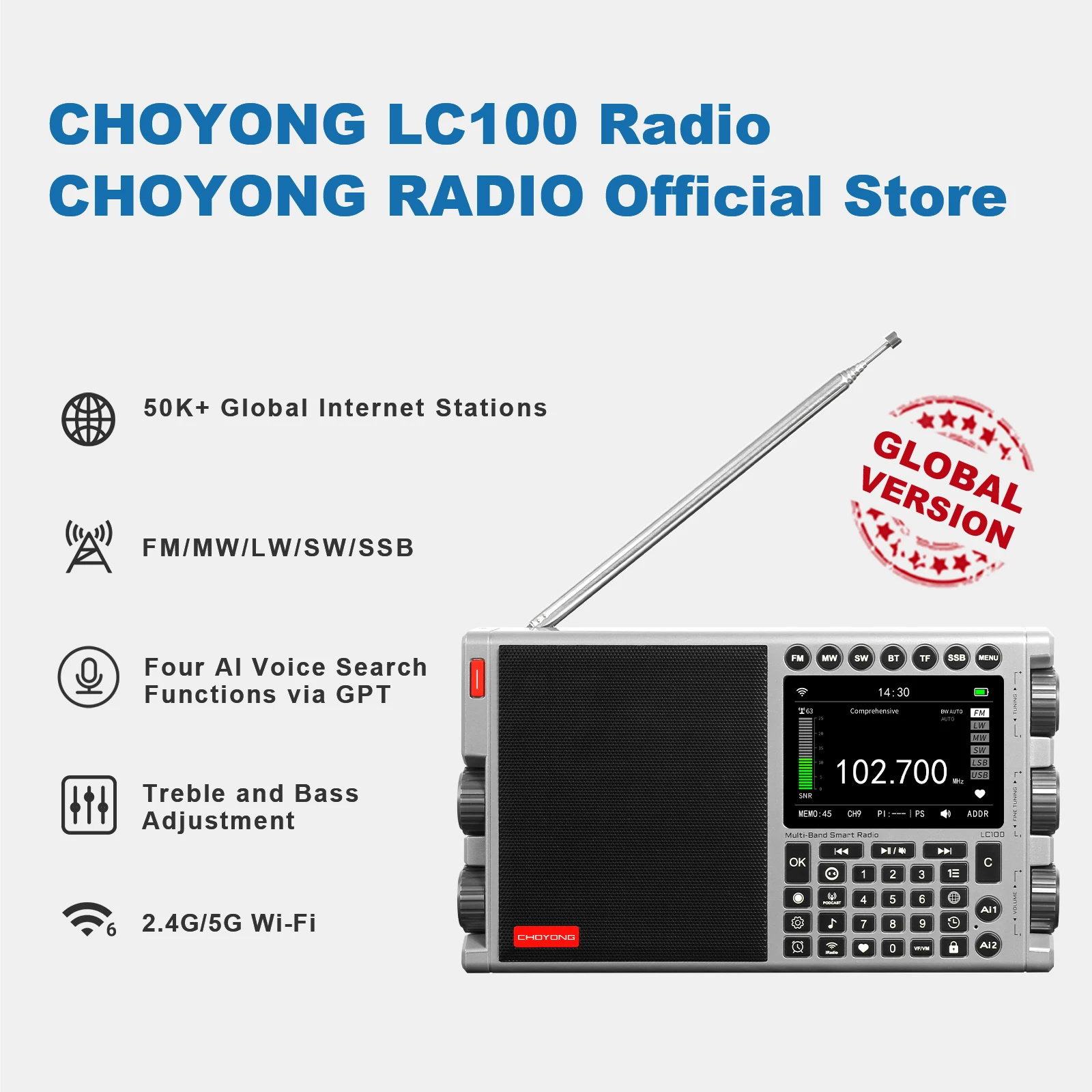 CHOYONG LC100 Multi-Band Smart Internet Radio,WiFi/4G,AM/FM/MW/SW/SSB,TF Card,Bluetooth,Recording Choyoung Radio
