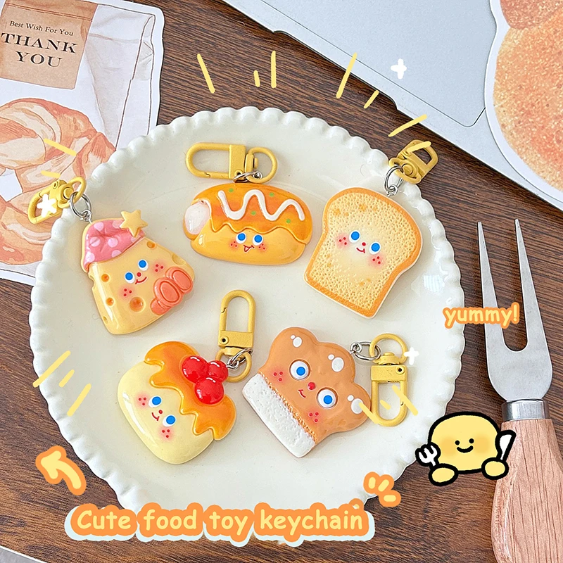 Fun Hat Cheese Series Food Keychain Cute Cartoon Toast Bread Keyring Car Key Holder Girly Bag Pendant Decoration Couple Gifts