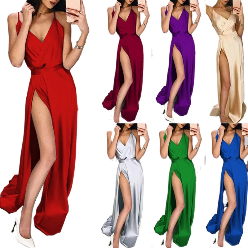 Dress European and American style sexy V-neck strap slit dress long dress fashionable women\'s evening dress