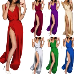 Dress European and American style sexy V-neck strap slit dress long dress fashionable women's evening dress