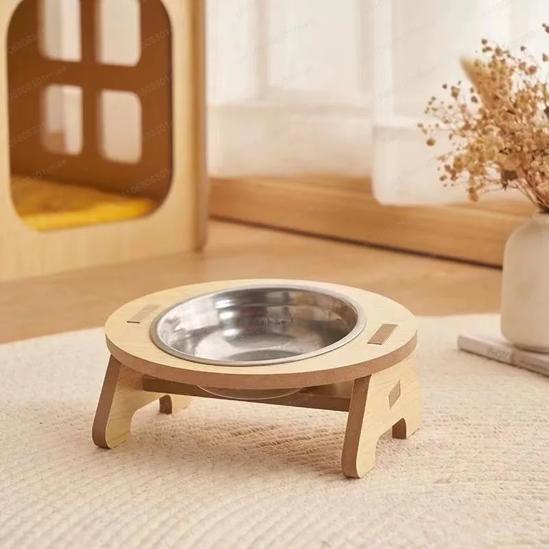 Wooden cat bowl rack, simple solid wood single and double bowl, high-footed cat neck feeding bowl rack, new dog feeding rack.