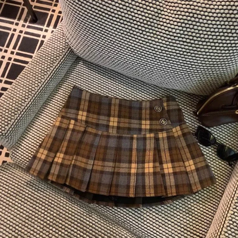 تنورة نسائية أمريكية عتيقة من Preppy Y2K منقوشة بطيات تنورة حلوة على شكل حرف A اليابان Jk خريف شتاء كلاسيكي بسيط تنورة هاراجوكو صغيرة