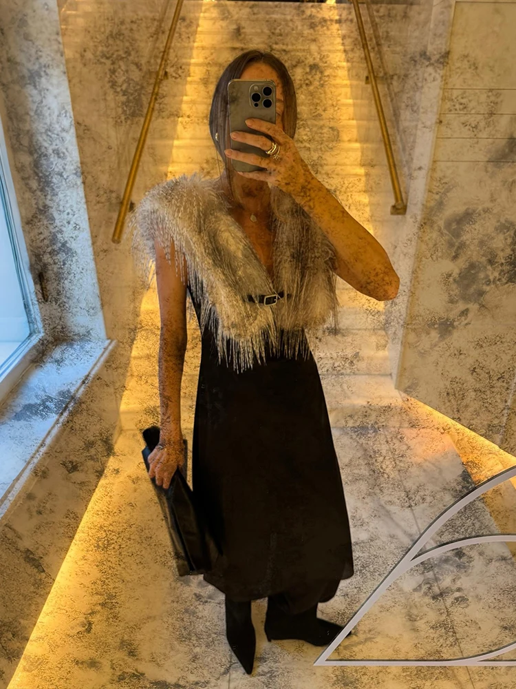 

Kliou Furry Tassel Decoration Tank Tops Woman Halter Low-Neck Backless Hot Girls High Street Fashion Style Classic Vest Clothing