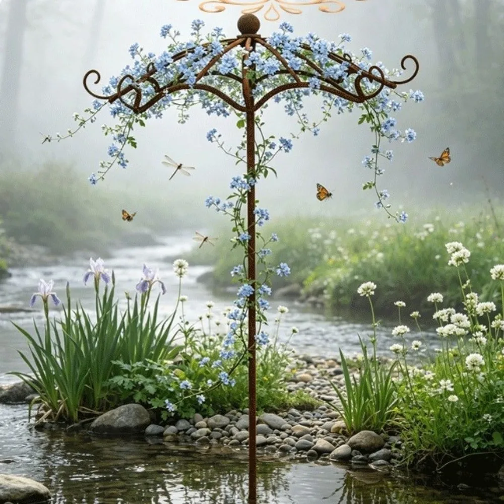 Retro Rusted Umbrella Shape Plant Support Pile Weather-Resistant Prevent Tipping Over Climbing Vine Stake Iron Detachable