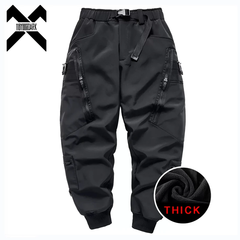 2024 Winter Fleece Tactical Pants for Men Fashion Functional Multi Pockets Trousers Hip Hop Streetwear Pants Techwear Black