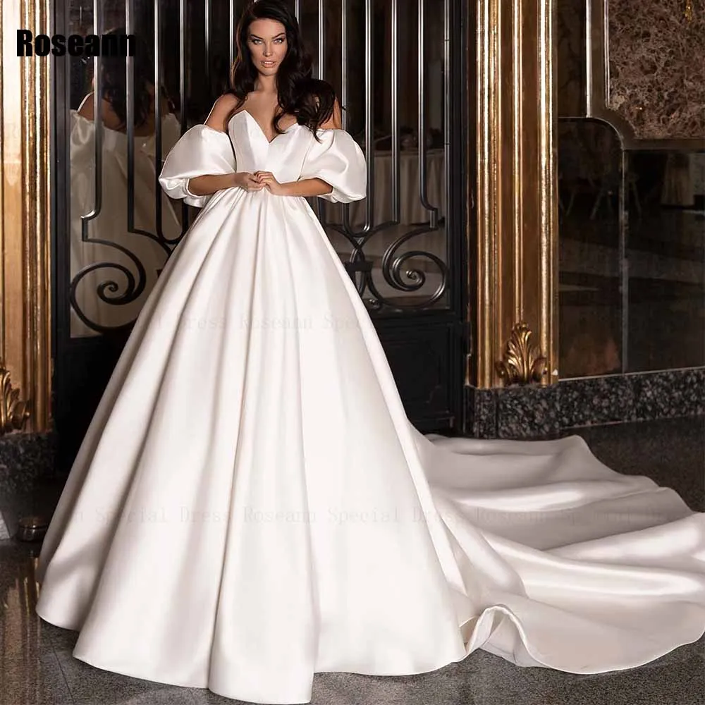 

Fashion 2024 A-line Wedding Dresses V-Neck Satin Puff Sleeve Draped Pleat Bride Dresses Brush Train Floor Length robe de mariée