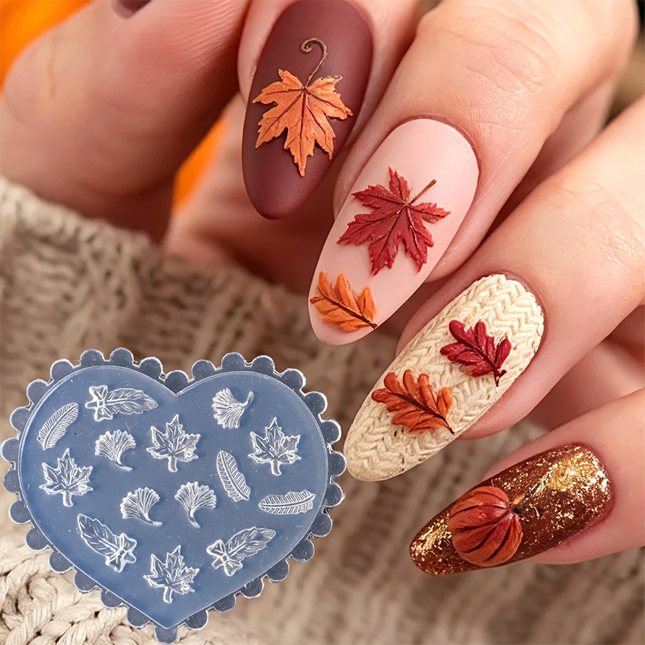 Autumn Fall Leaf Silicone Nail Mold Leaves Nail Art Molds Maple Feather Silicone Mould 3D Nail Carving Mold Manicure Decoration
