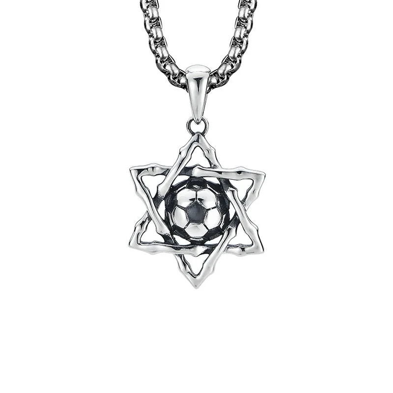 Thai Silver Football Necklace Men's Trendy Six Pointed Star Pendant Hip-hop Versatile High-end Necklaces Accessories KOFSAC