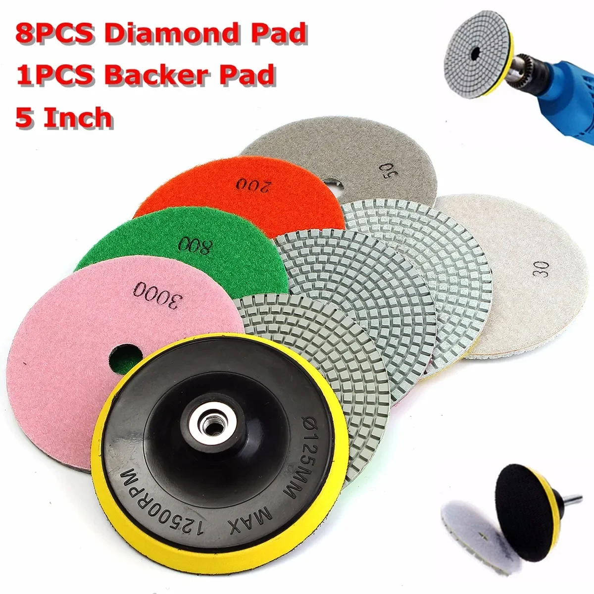 

9pcs/set 5 Inch Diamond Polishing Pad Set for Granite Concrete Marble Stone Tiles Wet Dry Diamond Polishing Pad Backer Pad