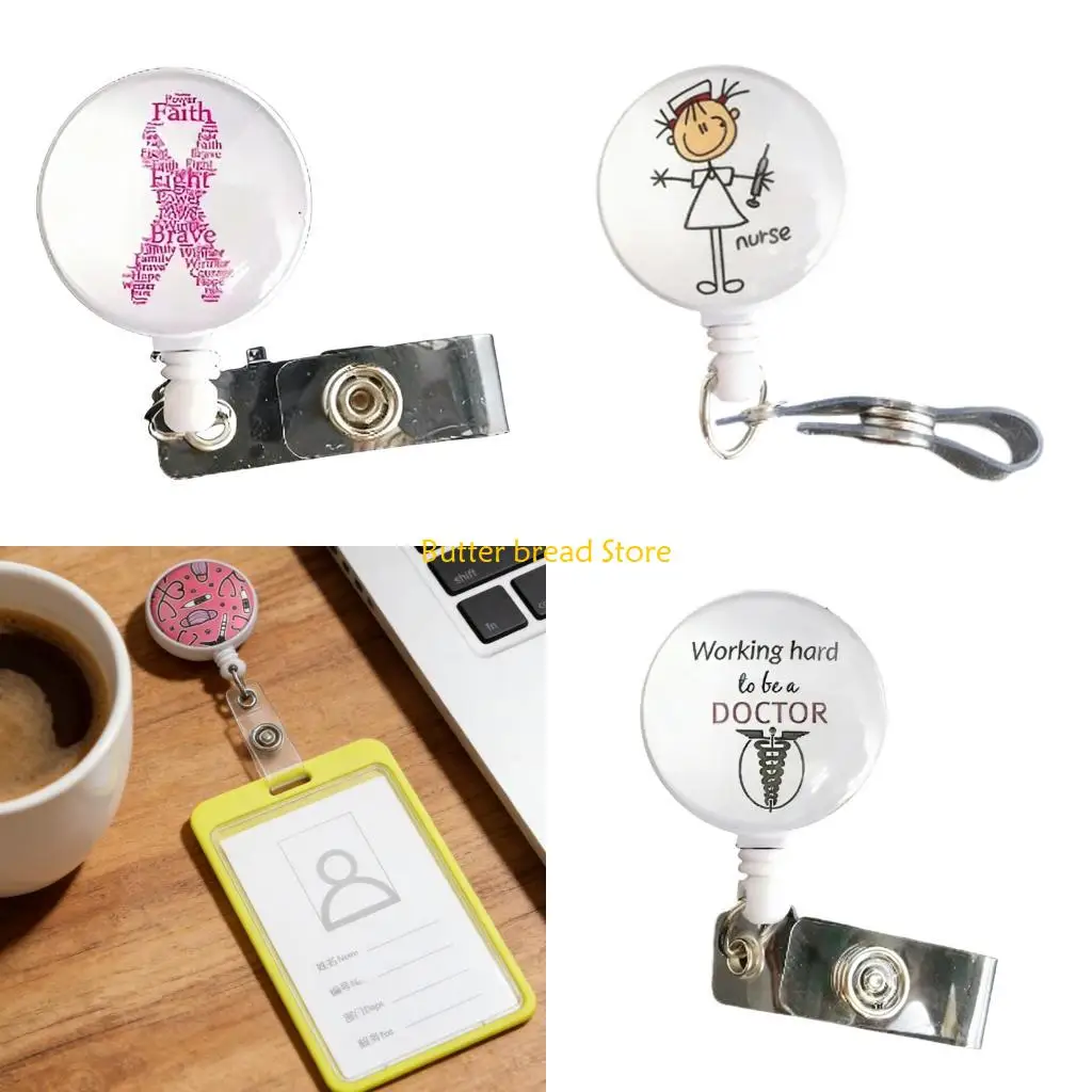 W89C Retractable Card Badge Holder Colorful Petal Decors Lightweight Workwear Clip
