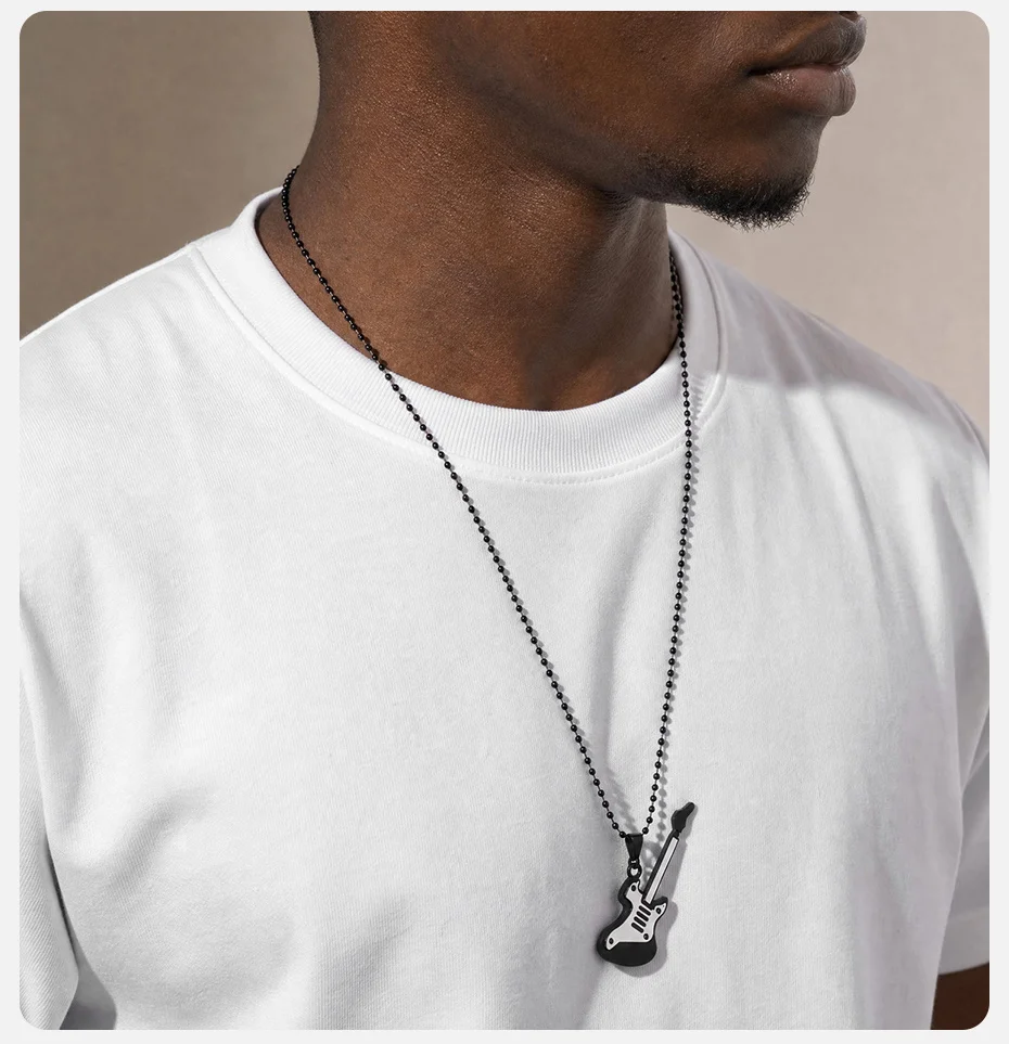 Vnox Herren Gitarren-Anhänger Halskette, Perlenkette Schwarz-Weiß Emaillierter E-Gitarren-Anhänger Halsketten Rock-Musik-Schmuck Party-Geschenk – Detail 3