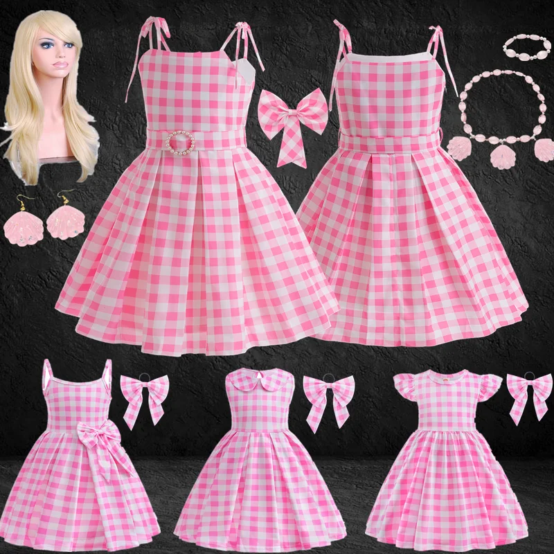 Movie Berbi Dress for Girls Pink Plaid Barbi Cosplay Kids Princess Dress Birthday Halloween Carnival Party Vestidos 3-10 Yrs