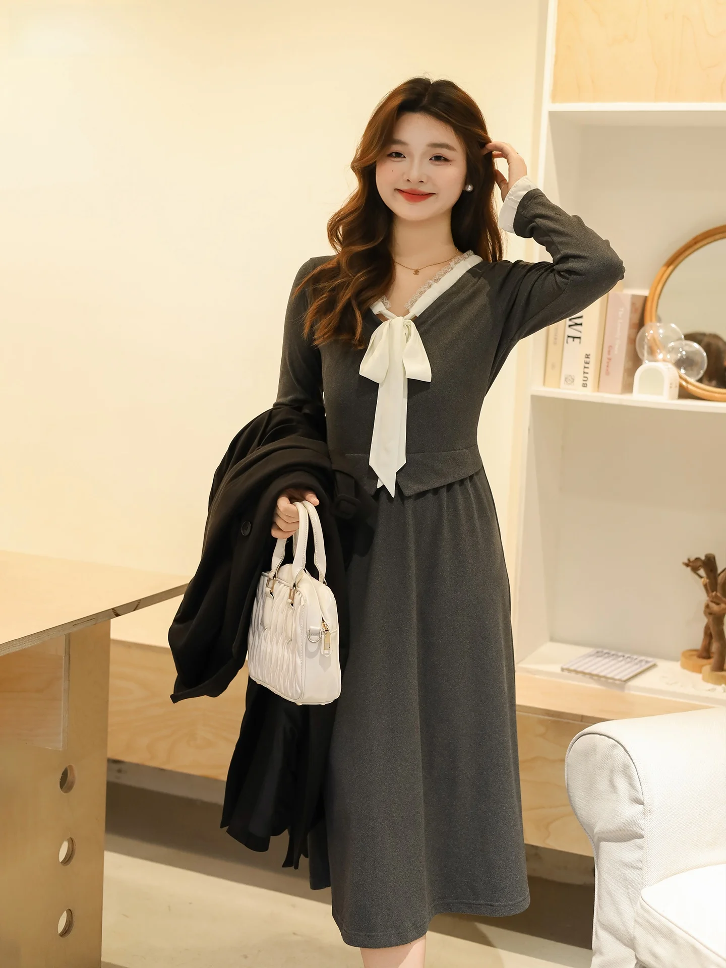 

Зимнее платье больших размеров Dr V-Ne с поясом, базовый слой трапециевидной формы, бархатное платье, повседневное, с высокой талией, длинное свековое полиэфирное волокно Dr