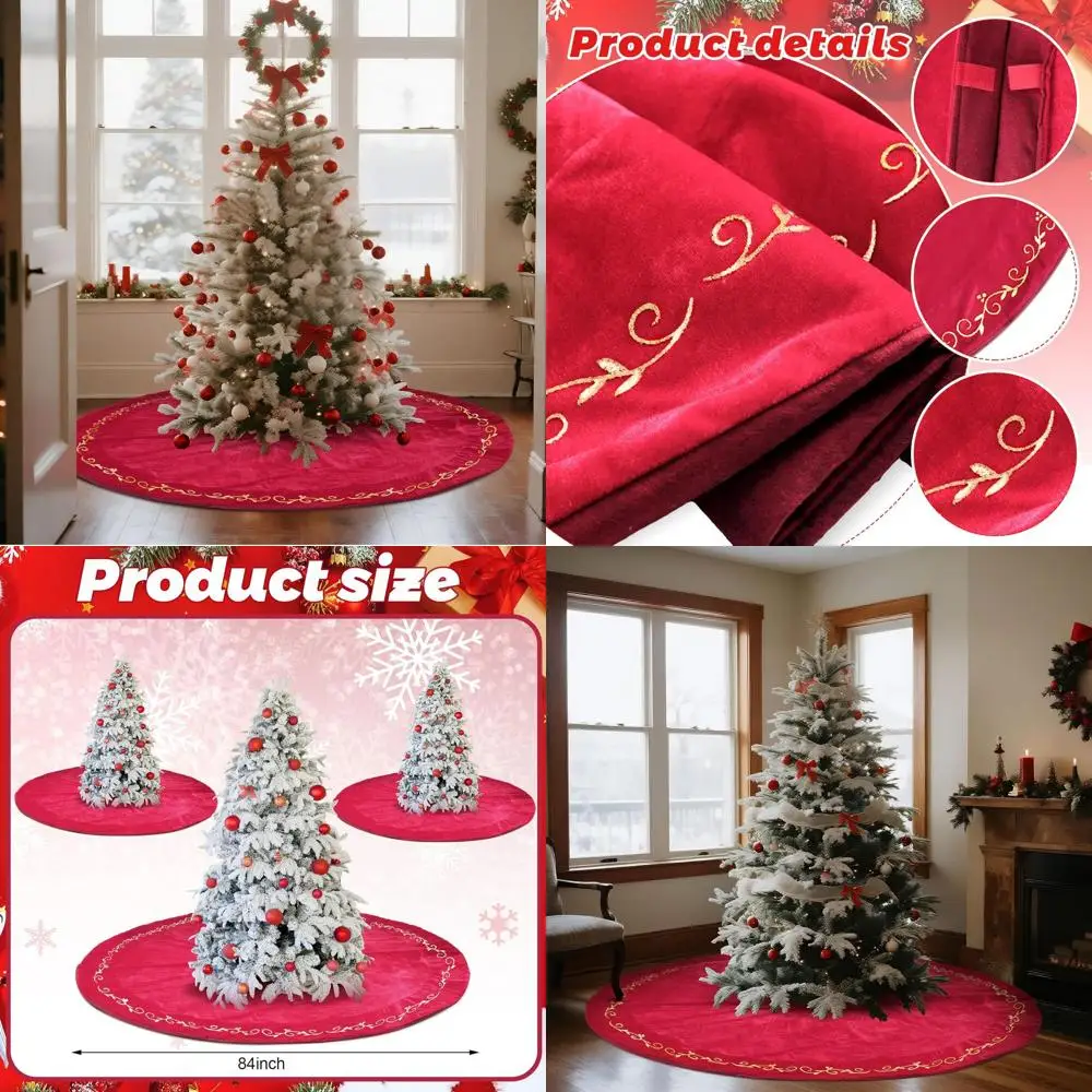 

Бархатная юбка-рождественская елка 84-дюймовая золотая вышивка Винтажные деревенские праздничные украшения на День Благодарения Красный