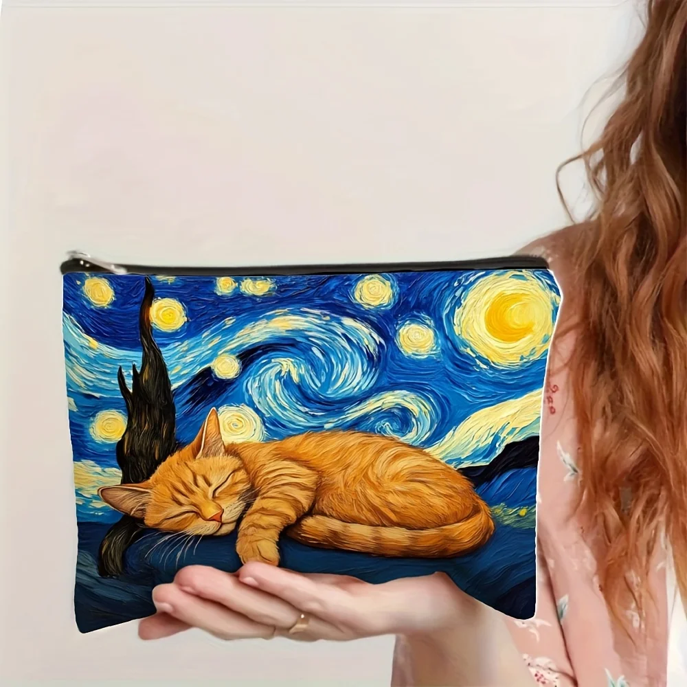 حقيبة مكياج مطبوعة على شكل قطة مرصعة بالنجوم - حقيبة نسائية لطيفة متعددة الوظائف بسحاب، حقيبة تخزين المجوهرات