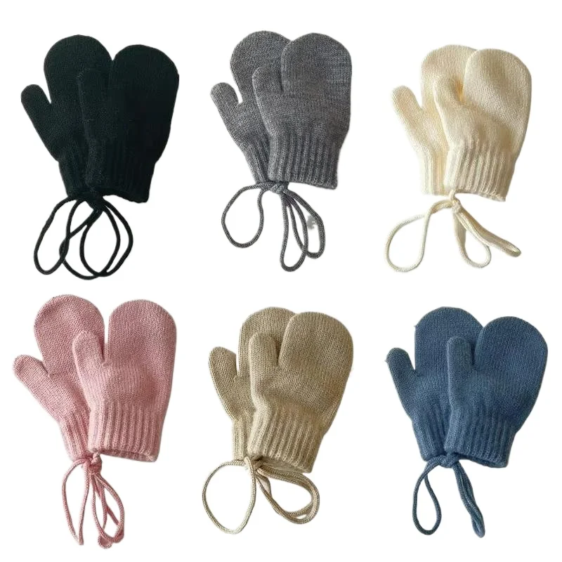 Candy Color Woolen Baby Gloves Girl Boys Kintted Kids Mitten Winter Halter Mittens for Children Warm Infant Accessories 2024 New
