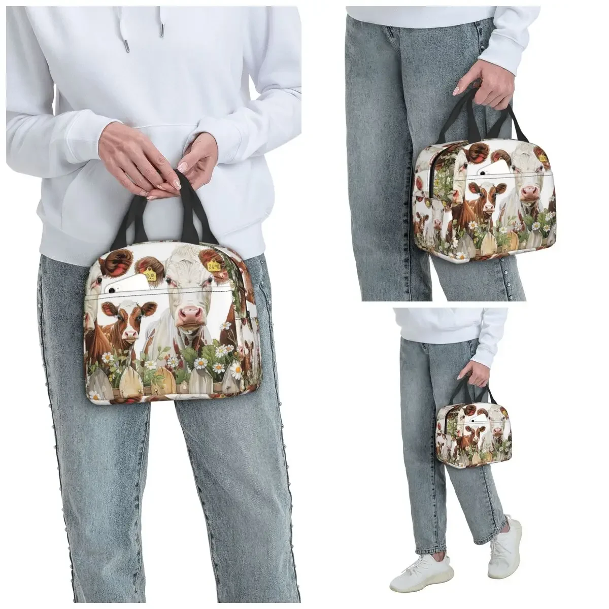Cute Cow Fence Flower Pattern Insulated Lunch Bag for Kids School Cooler Thermal Food Box Tote Leakproof Lunch Boxes Container